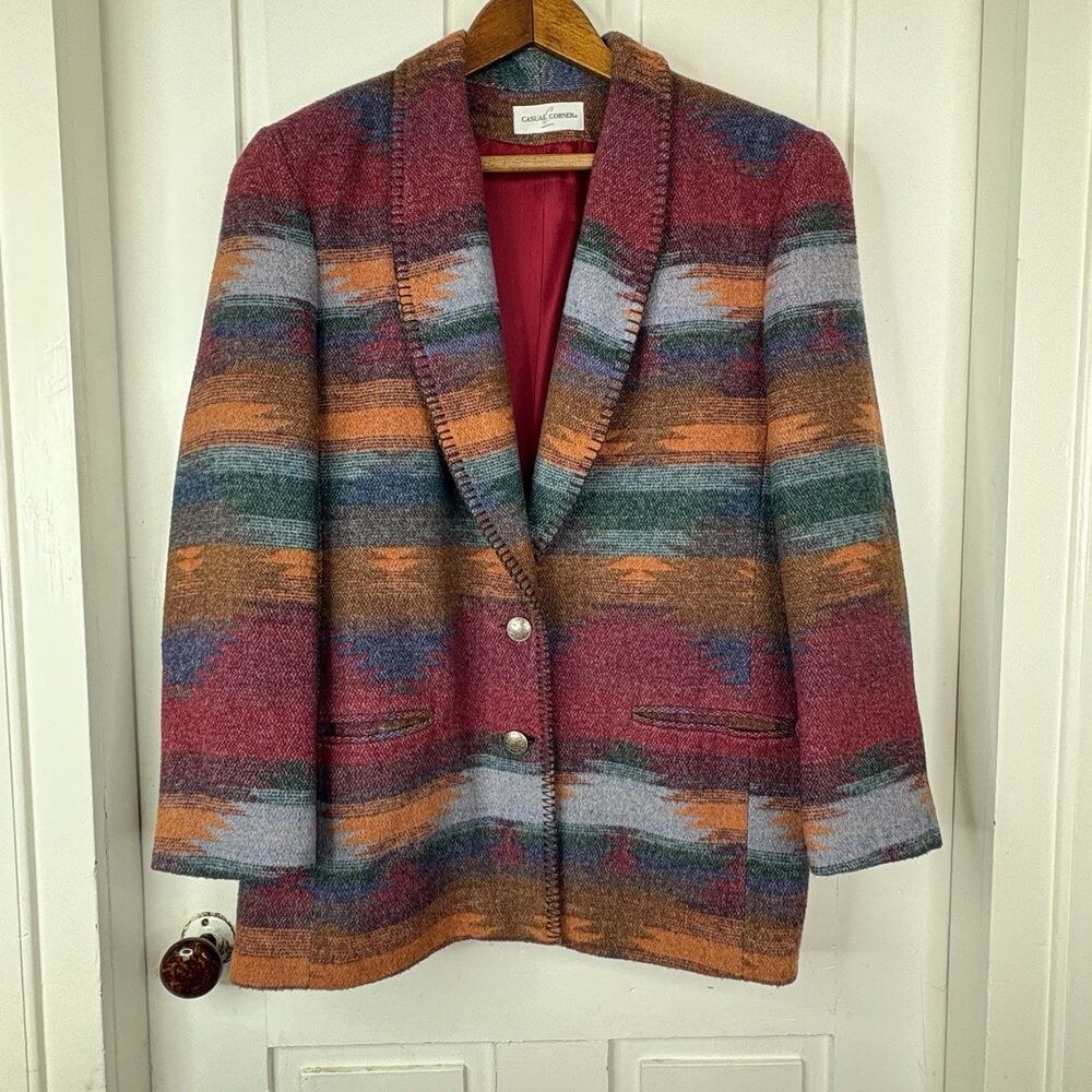 VTG Southwestern Womens M Wool Blend Blanket Jacket Blazer Southwest Boho 90s